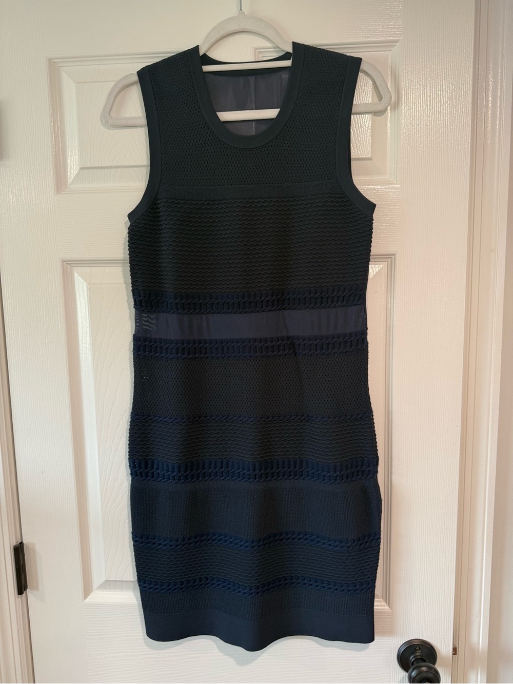 Rag & Bone Sleeveless Textured Navy Bodycon Dress with Mesh Panels, Size Large